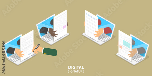3D Isometric Flat Vector Conceptual Illustration of Digital Contract Set, Electronic Secure Signature