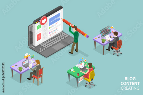 3D Isometric Flat Vector Conceptual Illustration of Blog Content Creating, Creative Writing