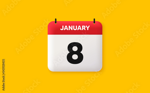 Calendar date 3d icon. 8th day of the month icon. Event schedule date. Meeting appointment time. Agenda plan, January month schedule 3d calendar and Time planner. 8th day day reminder. Vector