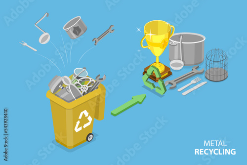 3D Isometric Flat Vector Conceptual Illustration of Metal Recycling, Trash Reuse