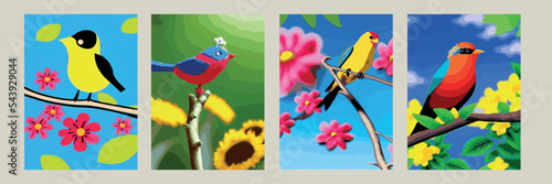 Beautiful seamless vector pattern with flowering trees and birds, tree, spring wallpaper, branches, leaves and various flowers.