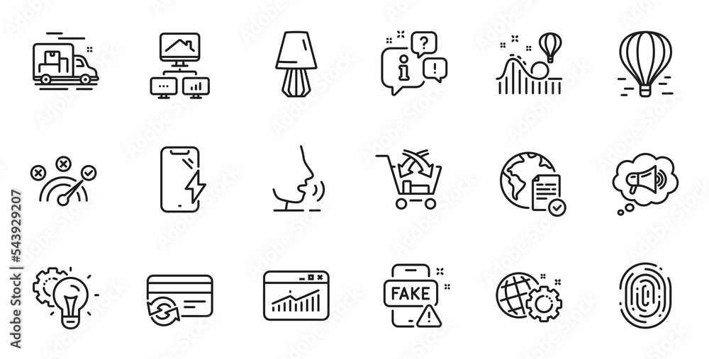 Fototapeta premium Outline set of Fake news, Seo gear and Fingerprint line icons for web application. Talk, information, delivery truck outline icon. Include Work home, Cross sell, Online voting icons. Vector