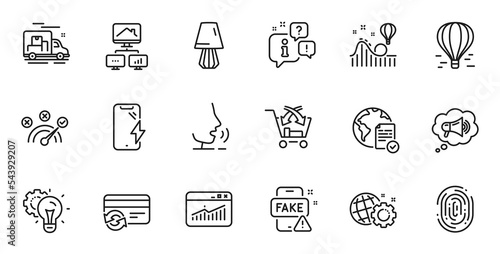 Outline set of Fake news, Seo gear and Fingerprint line icons for web application. Talk, information, delivery truck outline icon. Include Work home, Cross sell, Online voting icons. Vector
