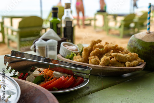 Fried fish strips food from kiosk on the beach