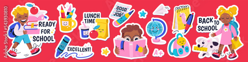 Cartoon isolated schoolboy and schoolgirl carrying backpack, books and lunchbox, cute smart kids, elementary pupils on pink background. Education concept. School stickers set