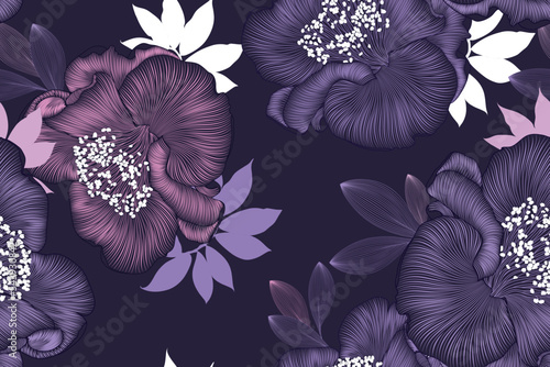 Fototapete Seamless  hand drawn floral pattern with camelia flowers