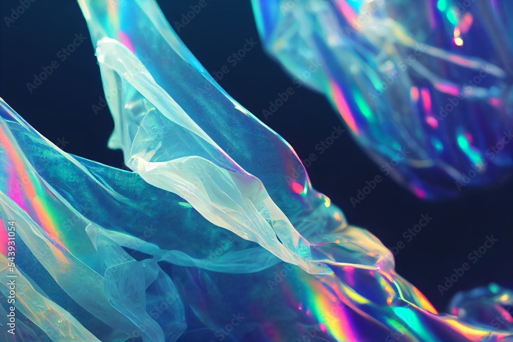 Obraz premium Abstract Bioluminescent Iridescent Plastic Bag Flowing Gracefully Background. Perfect Effect Overlay For Photoshoot or Mockups