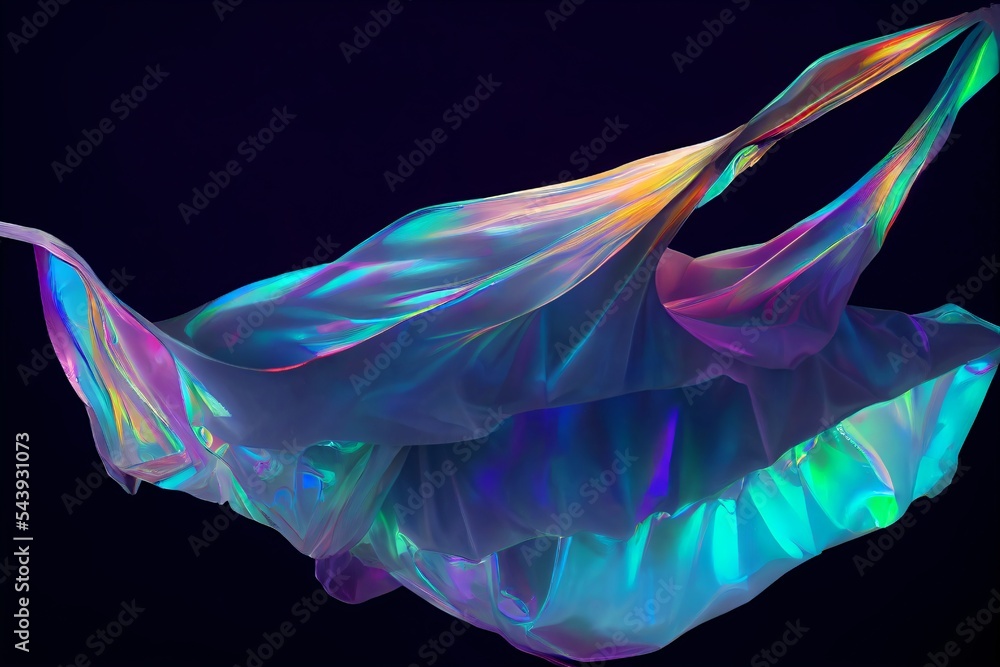 Obraz premium Abstract Bioluminescent Iridescent Plastic Bag Flowing Gracefully Background. Perfect Effect Overlay For Photoshoot or Mockups