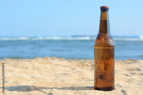 Bottle of beer on sandy beach near sea. Space for text