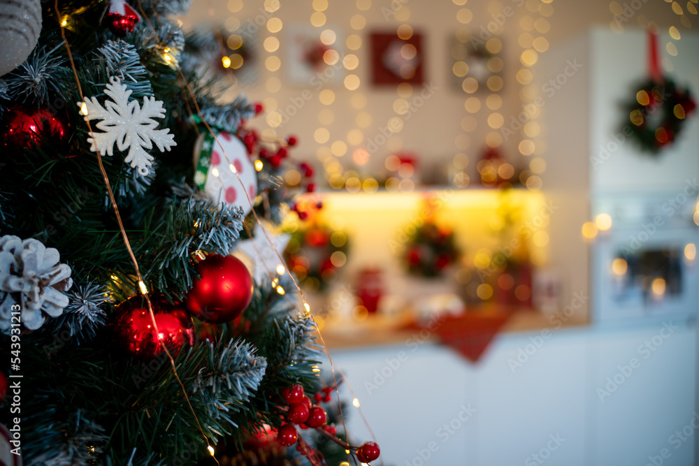 Christmas Tree with Decoration On A Winter Background With Bright Lights Christmas Tree with Decoration On A Winter Background With Bright Lights