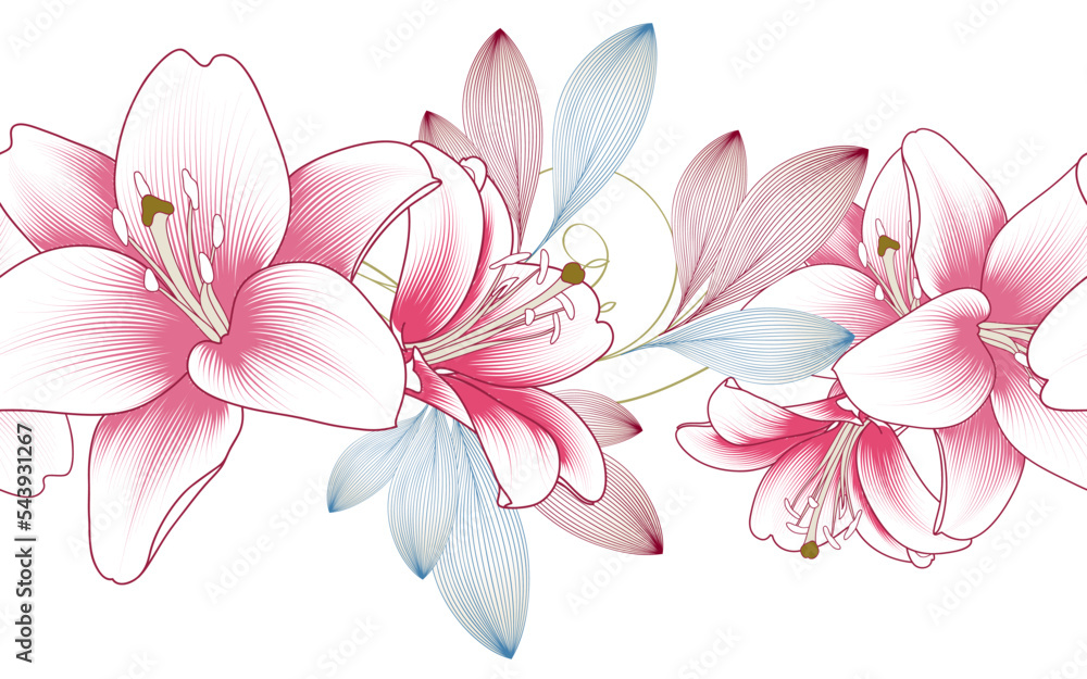 Seamless floral pattern with delicate hand-drawn lilies flowers for wallpaper design, gift wrapping paper. Vector illustration.