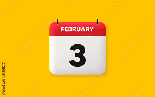 Calendar date 3d icon. 3rd day of the month icon. Event schedule date. Meeting appointment time. Agenda plan, February month schedule 3d calendar and Time planner. 3rd day day reminder. Vector