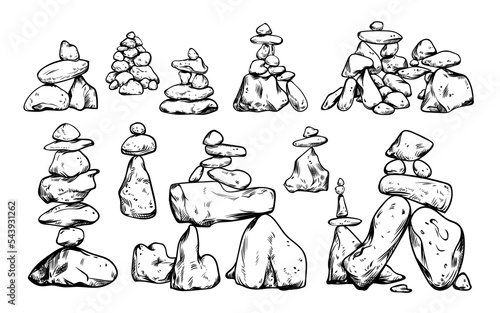 Abstract stack of round pebbles, hand drawn rocks of different shapes, heap of sea cobbles in row. Zen buddhism, meditation concept. Pile of balance stones, outline icon set vector illustration