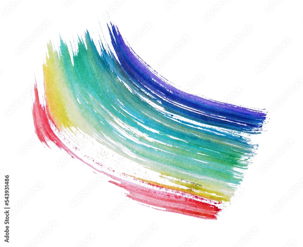 Rainbow paint stroke drawn with brush on white background, top view