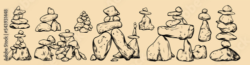 Abstract stack of round pebbles, hand drawn rocks of different shapes, heap of sea cobbles in row. Zen buddhism, meditation concept. Pile of balance stones, outline icon set