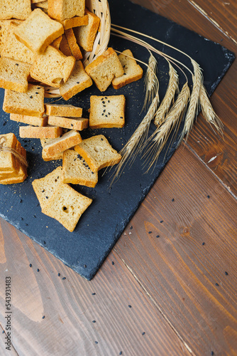 Fresh croutons made of whole grain flour, golden in color. Toasts for delicious sandwiches