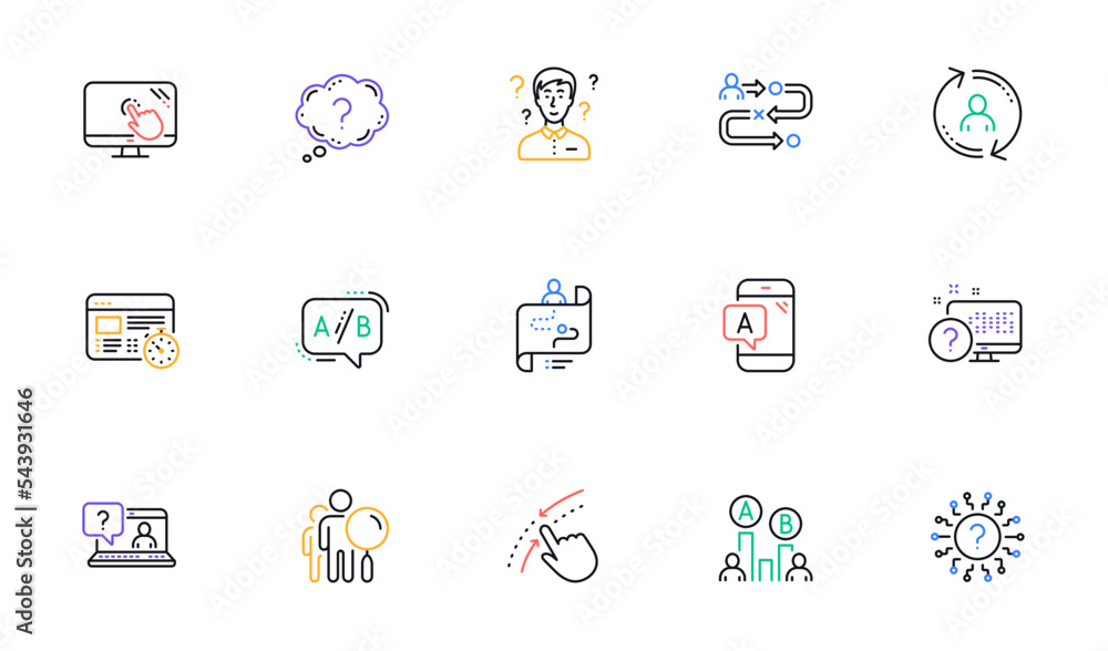 UX line icons. AB testing, Journey path map and Question mark. Quiz test linear icon set. Bicolor outline web elements. Vector UX line icons. AB testing, Journey path map and Question mark. Quiz test linear icon set. Bicolor outline web elements. Vector