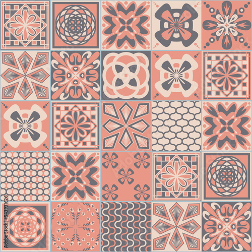 Pink square seamless pattern, spanish tiles Azulejo talavera, pastel gray decoration, vector illustration