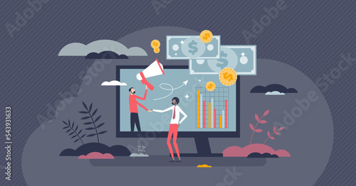 Online affiliate marketing or digital content advertising tiny person concept. Web ads strategy with influencers and bloggers partnership vector illustration. Earn commission from social media shares.