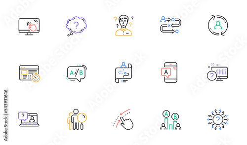 UX line icons. AB testing, Journey path map and Question mark. Quiz test linear icon set. Bicolor outline web elements. Vector