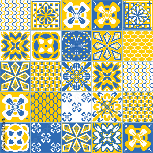 Yellow blue seamless pattern, Azulejo tile mosaic, contrast bright vector illustration