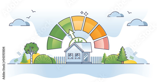 Residential home energy efficiency with level measurement outline diagram. Electricity and heating resource consumption rating from green and sustainable to expensive bills rank vector illustration. photo