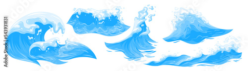 Cartoon isolated splashes with foam texture on wavy water surface, silhouettes of waves at surf of flood and beach tide, motion of liquid collection. Sea, ocean blue waves set vector illustration