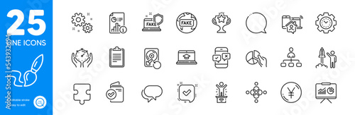 Outline icons set. Pie chart, Inclusion and Brush icons. Work home, Victory, Presentation web elements. Verification document, Fake internet, Talk bubble signs. Winner podium. Vector