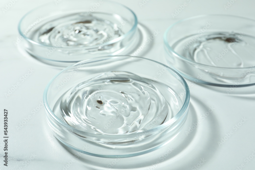 Petri dishes with liquids on white marble table, closeup Petri dishes with liquids on white marble table, closeup