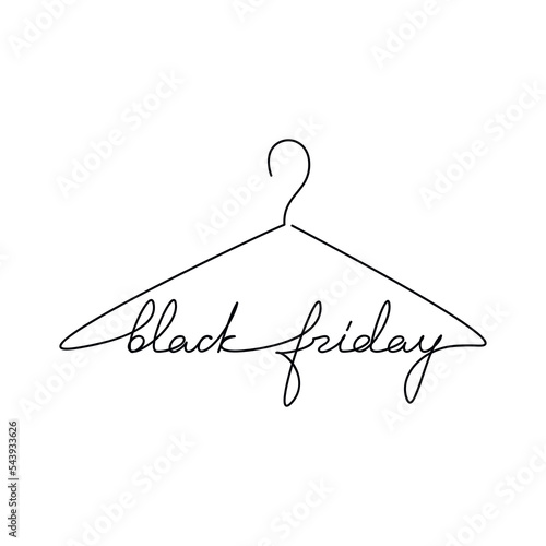 Black Friday one line continuous lettering. Hand drawn clothes hanger icon for banner, flyer, showcase design, retail shop, outlet. Sale concept.