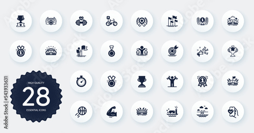 Set of Sports icons, such as Reward, Basketball and Laureate award flat icons. Sports arena, Leadership, Flags web elements. Approved, Arena, Strong arm signs. Bicycle parking, Ole chant. Vector