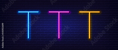 Initial letter T icon. Neon light line effect. Line typography character sign. Large first font letter. Glowing neon light element. Letter T glow 3d line. Brick wall banner. Vector