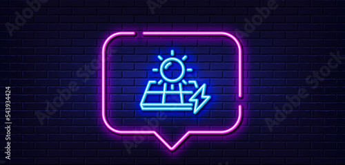 Neon light speech bubble. Solar panels line icon. Electricity sun energy sign. Lightning bolt symbol. Neon light background. Solar panels glow line. Brick wall banner. Vector