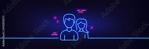 Neon light glow effect. Couple line icon. Users Group or Teamwork sign. Male and Female Person silhouette symbol. 3d line neon glow icon. Brick wall banner. Couple outline. Vector