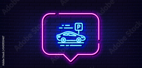 Neon light speech bubble. Car parking line icon. Park place sign. Hotel service symbol. Neon light background. Car parking glow line. Brick wall banner. Vector