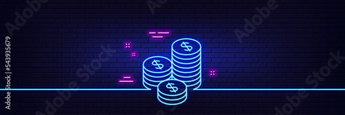 Neon light glow effect. Coins money line icon. Banking currency sign. Cash symbol. 3d line neon glow icon. Brick wall banner. Coins outline. Vector
