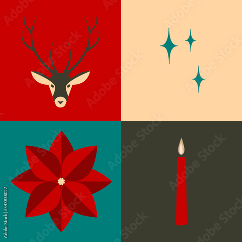 Minimal, simple holiday icon set: reindeer, stars, poinsettia, candle in greens, reds, off-white, and gray. Danish or modern illustration style.