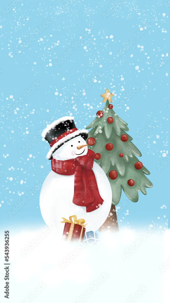 Cute snowman with black hat and red scarf costume is standing with Christmas tree, red Christmas lights and gift boxes on the snow. Falling snow. Hand drawn watercolor image.