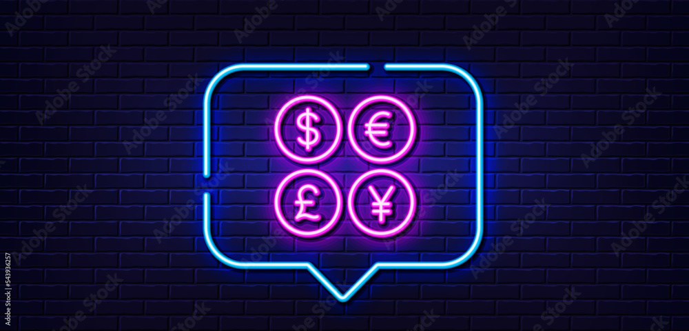 Neon light speech bubble. Money currency line icon. Cash exchange sign. Stock trade symbol. Neon light background. Money currency glow line. Brick wall banner. Vector Neon light speech bubble. Money currency line icon. Cash exchange sign. Stock trade symbol. Neon light background. Money currency glow line. Brick wall banner. Vector