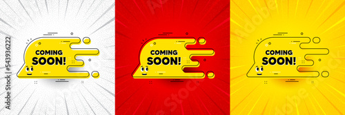 Coming soon transition bubble. Flash offer banner, coupon or poster. Cartoon face character chat message. Yellow flow banner icon. Coming soon promo banner. Retail marketing flyer. Vector