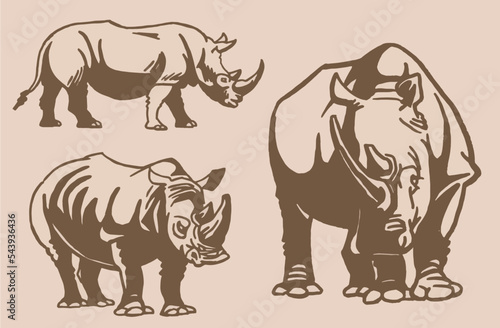 Vector set of rhinoceroses . Stylish vintage print elements  savanna habitant on sepia background