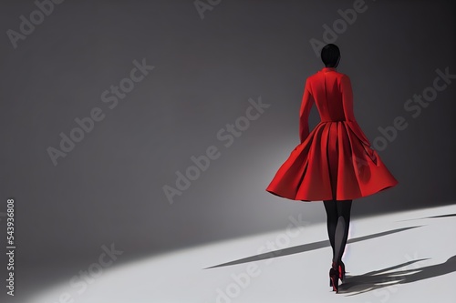 3D fashion show virtual model walking by the podum. Fashionable red dress. 3D Rendering. High quality 4k footage. 3D Illustration photo