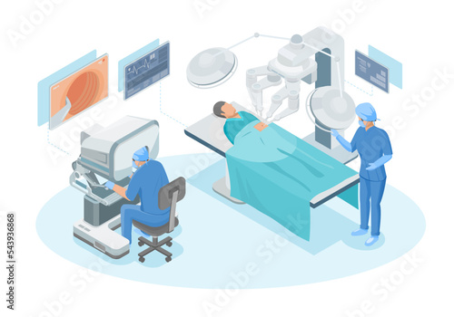 operating room Robotic surgical systems medical technology  for precision and faster recoveries doctor use robot arm isometric