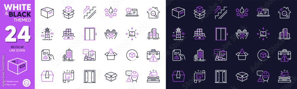 Quality, Warning briefcase and Lighthouse line icons for website, printing. Collection of Builder warning, Skyscraper buildings, Buildings icons. Online documentation, Lift. Vector Quality, Warning briefcase and Lighthouse line icons for website, printing. Collection of Builder warning, Skyscraper buildings, Buildings icons. Online documentation, Lift. Vector
