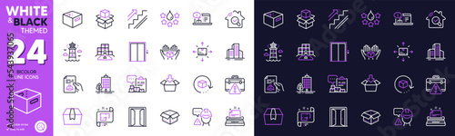 Quality, Warning briefcase and Lighthouse line icons for website, printing. Collection of Builder warning, Skyscraper buildings, Buildings icons. Online documentation, Lift. Vector