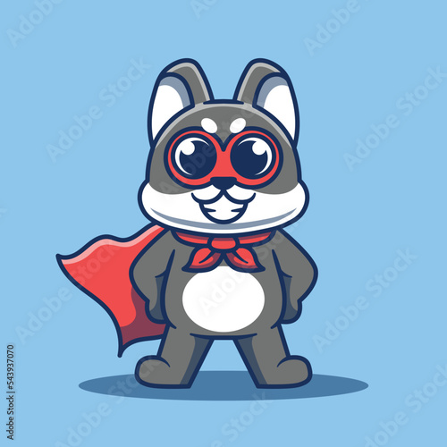 Cute gray dog mascot wearing superhero costume. Vector illustration of dog mascot.