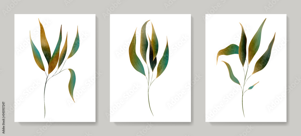 Fototapeta premium Abstract luxury art background with tree leaves with golden elements in line style. Botanical watercolor set with exotic leaves for decoration, print, wallpaper, textile, packaging.
