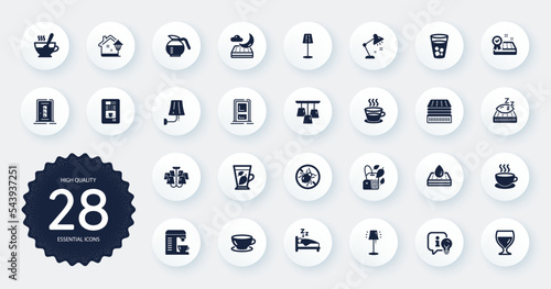 Set of Interiors icons, such as Mint leaves, Bed bugs and Stand lamp flat icons. Table lamp, Coffee cup, Sleep web elements. Mattress guarantee, Entrance, Mattress signs. Coffeepot. Vector