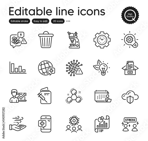 Set of Science outline icons. Contains icons as Success business, Report document and Trash bin elements. Chemistry molecule, Histogram, Microscope web signs. World medicine, Coronavirus. Vector