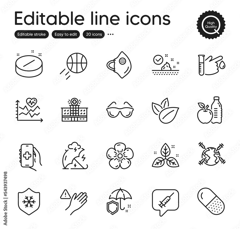 Fototapeta premium Set of Healthcare outline icons. Contains icons as Vaccine message, Medical mask and World vaccination elements. Healthy food, Dont touch, Basketball web signs. Skin care, Capsule pill. Vector
